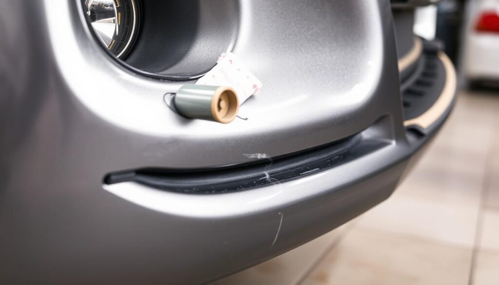 A close-up view of a car's damaged bumper, showcasing a prominent scratch. The scene is illuminated by soft, even lighting, creating a sense of clarity and detail. The bumper is positioned in the foreground, allowing the viewer to examine the imperfection closely. In the middle ground, a selection of tools and repair materials, such as sandpaper, paint, and a buffing cloth, are neatly arranged, suggesting the steps involved in the repair process. The background is blurred, keeping the focus on the central subject. The overall composition conveys a sense of professionalism and attention to the task at hand, hinting at the various factors that can influence the cost of bumper scratch repair.