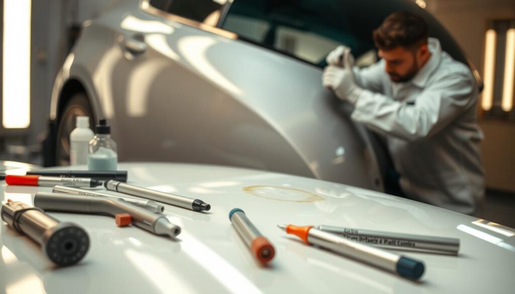 A close-up view of a car's painted surface, showcasing the intricate details of a scratch repair process. The foreground features an array of specialized tools, such as paint scrapers, touch-up pens, and polishing compounds, arranged neatly on a clean, well-lit workbench. The middle ground captures the car's body panel, with the damaged area visible, revealing the underlying primer and metal. In the background, a professional auto body technician, clad in a clean uniform, is meticulously applying the paint, blending it seamlessly with the surrounding area. The lighting is soft and diffused, creating a warm, inviting atmosphere that highlights the care and attention required for successful car paint repair.