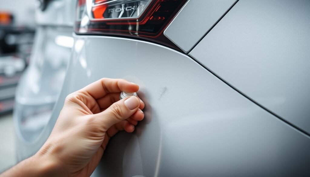 A close-up view of a car's rear quarter panel, showcasing a minor scratch on the metallic surface. The lighting is soft and natural, highlighting the subtle variations in color and texture of the damaged area. In the middle ground, a hand holding a small container of scratch repair compound, ready to be applied to the imperfection. The background is slightly blurred, but suggests a clean, well-lit garage or workshop setting, conveying a sense of professionalism and attention to detail. The overall mood is one of careful assessment and the anticipation of a successful repair, with a focus on the cost-effective solution to this common automotive issue.