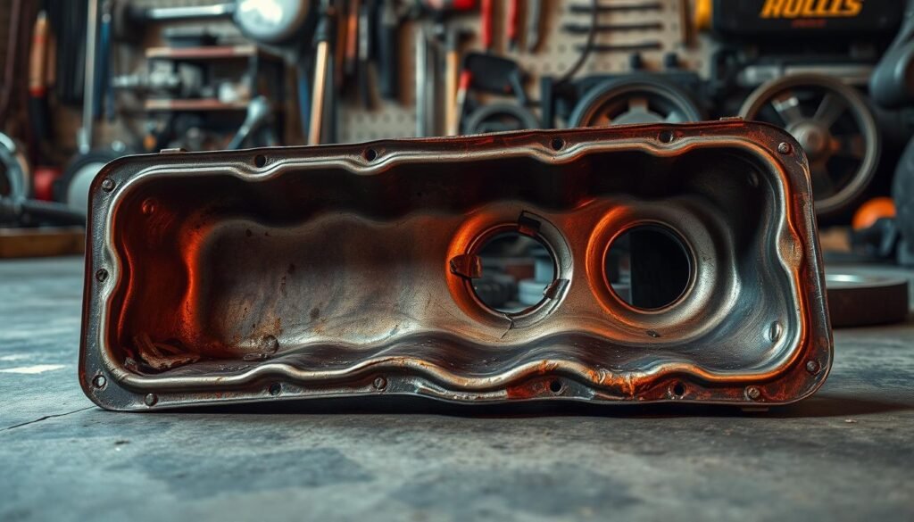 A damaged oil pan with a visible crack or hole, lying on a garage floor against a backdrop of automotive tools and parts. The pan has a metallic, weathered appearance, with signs of corrosion and wear. The lighting is dramatic, with warm, focused illumination on the pan, creating shadows and highlights that accentuate the damage. The overall atmosphere is one of technical examination and diagnosis, conveying the importance of identifying and addressing this common source of oil leaks.