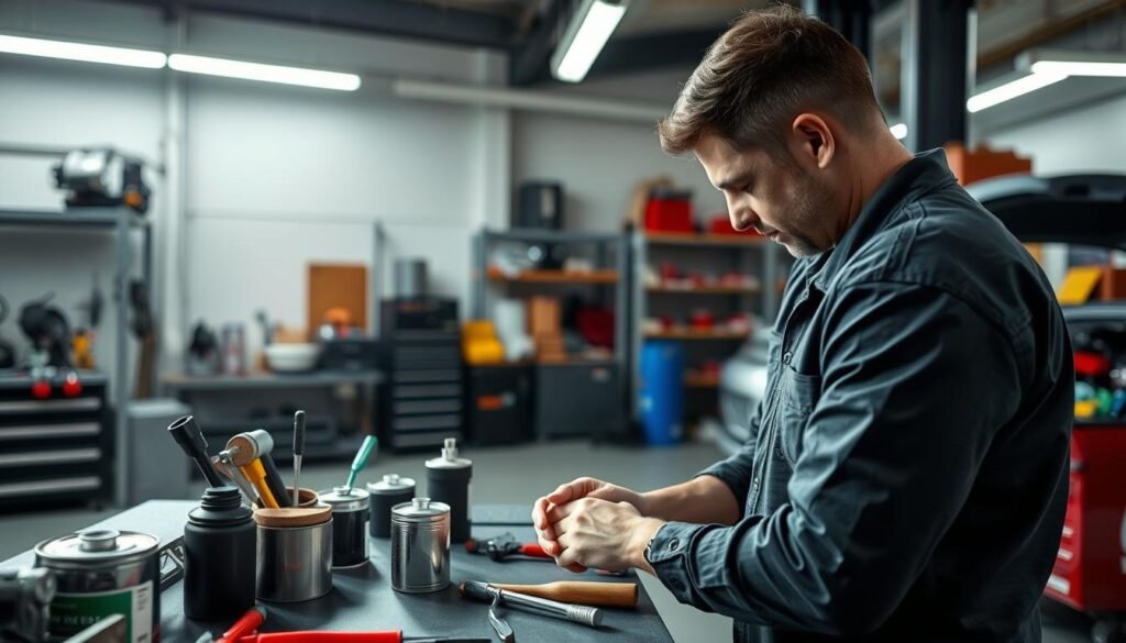 A detailed automotive workshop scene showcasing the professional dent repair process. In the foreground, a technician carefully examining a car panel, assessing the dent and planning the repair. Midground, specialized tools and equipment like dent pulling tools, hammers, and paintcans are neatly arranged. Overhead, bright studio lighting casts clean, even illumination, casting subtle shadows that accentuate the contours of the car. In the background, the workshop interior is clean and organized, with metal shelves, workbenches, and tools lining the walls, conveying a sense of skilled craftsmanship and attention to detail.