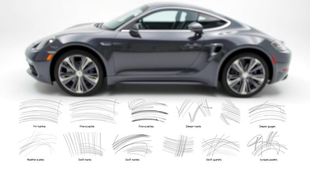 A detailed collection of various types of car scratches on a sleek vehicle, captured in a well-lit, high-resolution photograph. The foreground showcases a range of typical scratch patterns, including fine hairline scratches, deeper gouges, swirl marks, and scrapes along the body panels and bumpers. The middle ground provides a clear view of the car's surface, highlighting the realistic textures and materials. The background maintains a neutral, minimalist setting, allowing the scratches to take center stage. The overall composition conveys a sense of study and examination, emphasizing the need to understand the different scratch types when considering repair options.