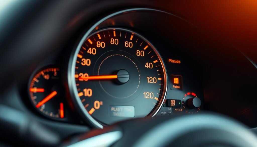 A detailed view of a car's speedometer, showcasing its inner workings and diagnostic components. The speedometer dial is prominently displayed, with a crisp, high-resolution rendering that allows the viewer to examine the intricate details of the needle, scale markings, and housing. The background is blurred, creating a soft, technical focus on the speedometer's mechanism. Warm, directional lighting illuminates the various gears, sensors, and electronic components that make up the speedometer's diagnostic system, highlighting their importance in diagnosing any issues. The angle is slightly tilted, providing a dynamic perspective that invites the viewer to engage with the image and understand the complexities of speedometer diagnostics.