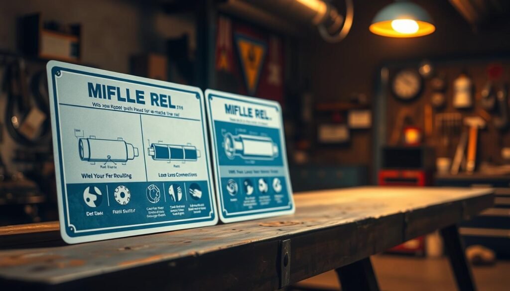 A dimly lit automotive workshop, the focus on a set of muffler repair signs displayed prominently on a weathered workbench. The signs feature detailed illustrations of common muffler issues, such as rust, holes, and loose connections, rendered in a technical, blueprint-like style under warm, directional lighting. The background is hazy, with the faint outline of tools and machinery visible, creating a sense of context and atmosphere. The overall composition emphasizes the informative nature of the signs, inviting the viewer to closely examine the muffler repair indicators.