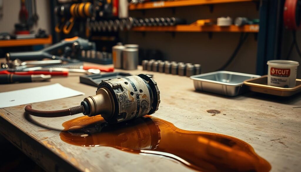 A neatly organized mechanic's workbench, in a well-lit auto repair shop. On the bench, an array of tools, including a torque wrench, socket set, and a spill tray. In the foreground, a damaged engine component, likely a ruptured oil filter or cracked oil line, surrounded by a pool of spilled oil. The scene is illuminated by warm, focused lighting, creating clear shadows and highlights, conveying a sense of importance and attention to detail. The overall atmosphere is one of professionalism and problem-solving, hinting at the costs and complexities involved in repairing an oil leak.