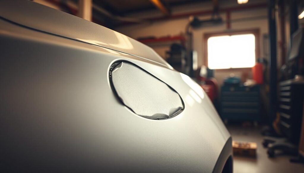 A well-lit close-up of a car's dented fender in a mechanic's workshop, with tools and equipment in the background. The dent is prominently featured, showcasing its size and depth, conveying the need for professional repair. The lighting is warm and focused, casting shadows that accentuate the damage. The scene has a sense of introspection, inviting the viewer to consider the cost and effort required to restore the car's appearance.