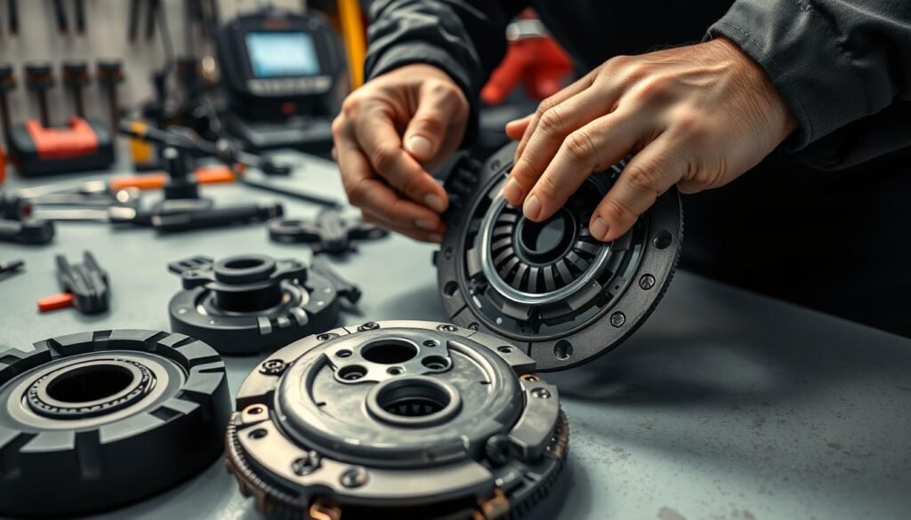 A well-lit, close-up view of a mechanic's hands disassembling a car's clutch mechanism. The clutch components, including the pressure plate, flywheel, and clutch disc, are prominently featured on a clean, organized workbench. The scene conveys a sense of focused attention and precision, with tools and diagnostic equipment visible in the background, suggesting a professional, well-equipped automotive repair workshop. The overall mood is one of problem-solving and a dedication to restoring the vehicle's performance and drivability.