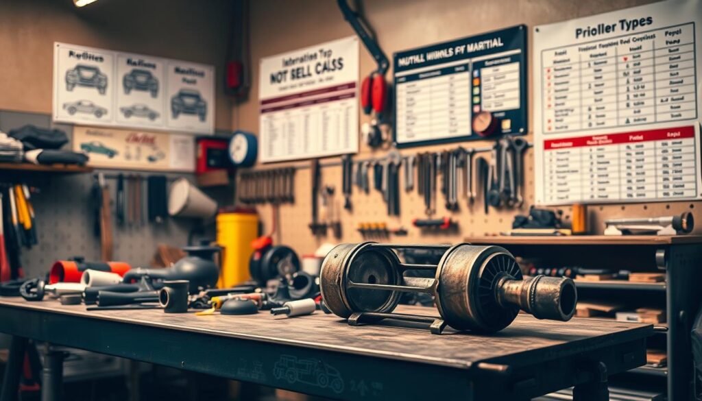 A well-lit workshop interior with an assortment of muffler repair tools and parts displayed prominently on a workbench. In the foreground, a partially disassembled muffler rests on the bench, revealing its internal structure. On the walls, automotive repair diagrams and pricing charts provide visual context. Soft shadows and warm lighting evoke a professional, but inviting atmosphere, guiding the viewer's attention to the key factors influencing muffler repair pricing, such as labor, materials, and specialized equipment requirements.