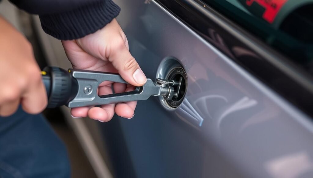 An image of a person using a dent puller on a car door