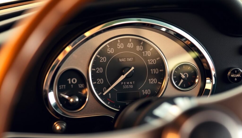 Detailed instrument cluster of a classic car dashboard, featuring a large analog speedometer, tachometer, and various gauges. The metallic bezel and chrome trim create a sleek, vintage aesthetic. Soft lighting illuminates the dials, creating a warm, inviting ambiance. The cluster is captured at a slightly angled perspective, showcasing its intricate design and mechanical precision. The background is slightly blurred, placing the focus on the instrument panel's intricate components and ensuring a clear, high-quality rendering suitable for an article on speedometer repair.