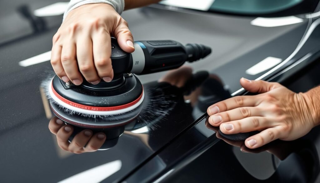 Generate an image of a person polishing a car's surface with a polisher.