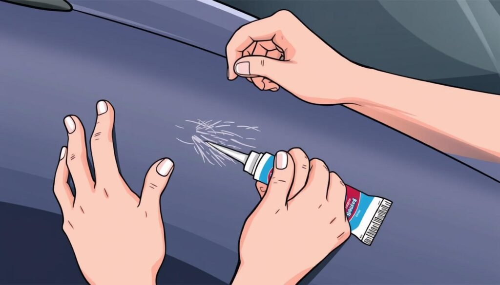 Generate an image of a person using toothpaste to repair a light scratch on a car's surface.