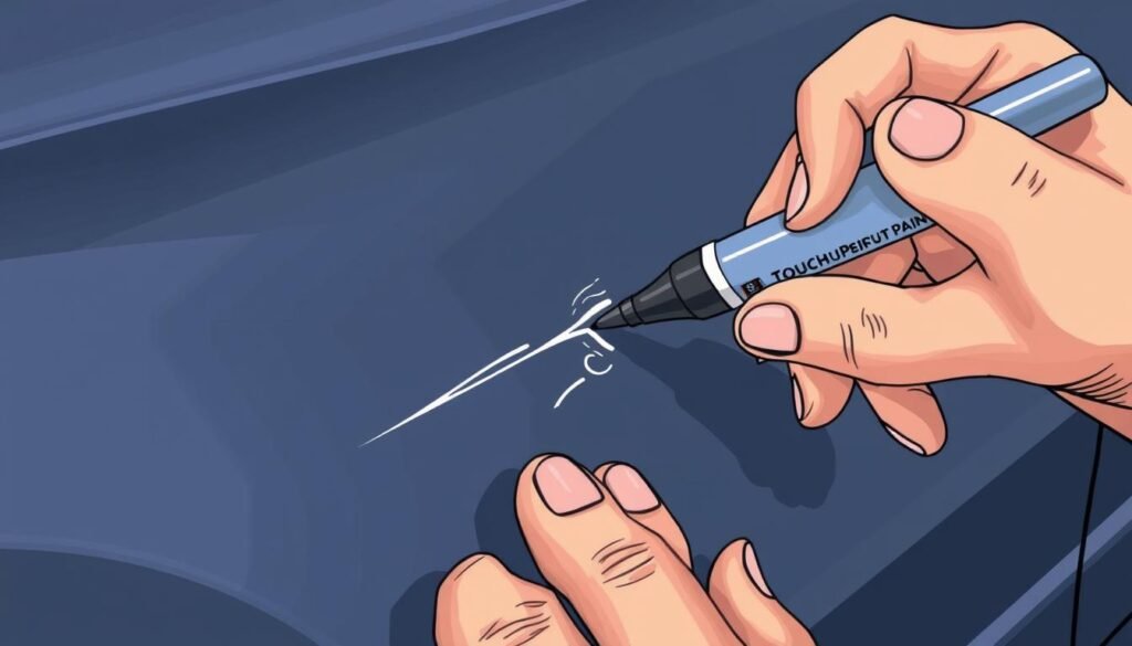 Generate an image of a touch-up paint pen being used to repair a scratch on a car's body.
