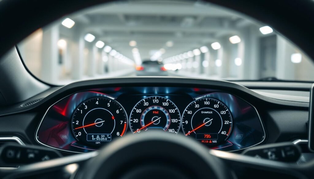 Image of a car dashboard with a speedometer display