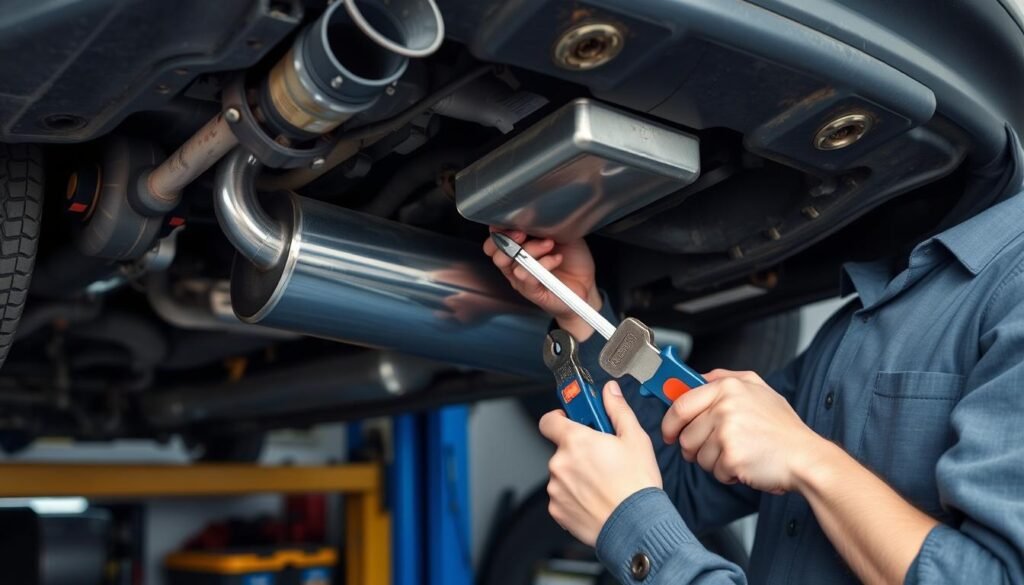 Image of a person replacing a muffler with basic tools