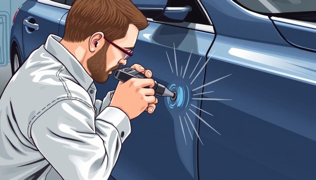 Image of a technician performing paintless dent repair on a car door