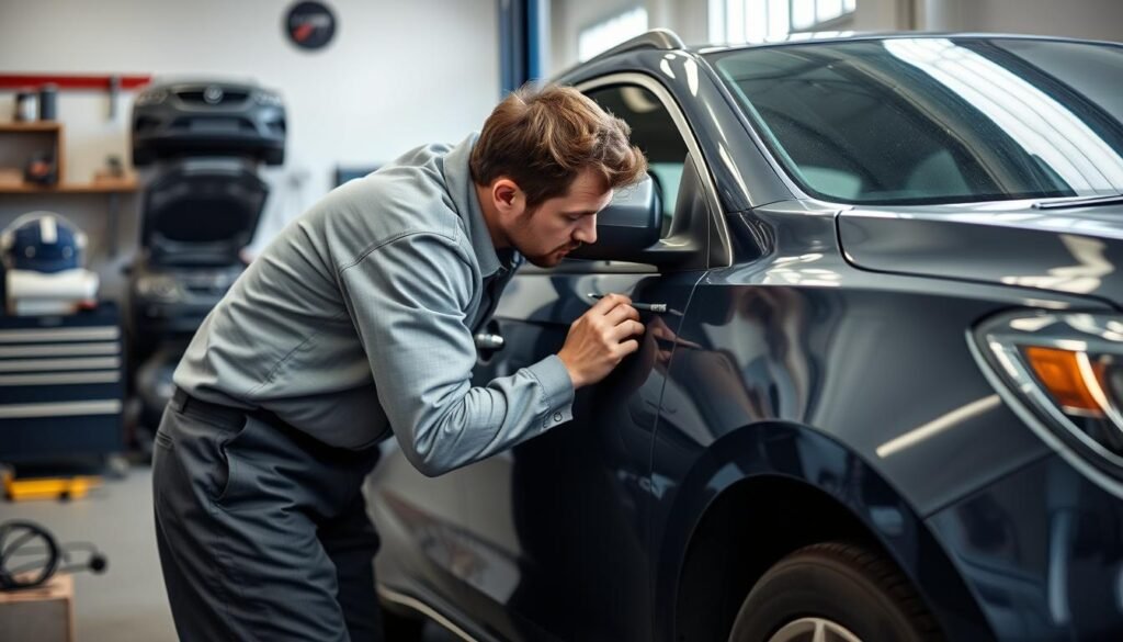 Image of a technician performing traditional dent repair on a car