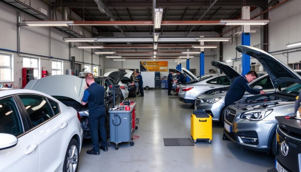 Image of a well-organized and clean dent repair shop with technicians working on various vehicles.