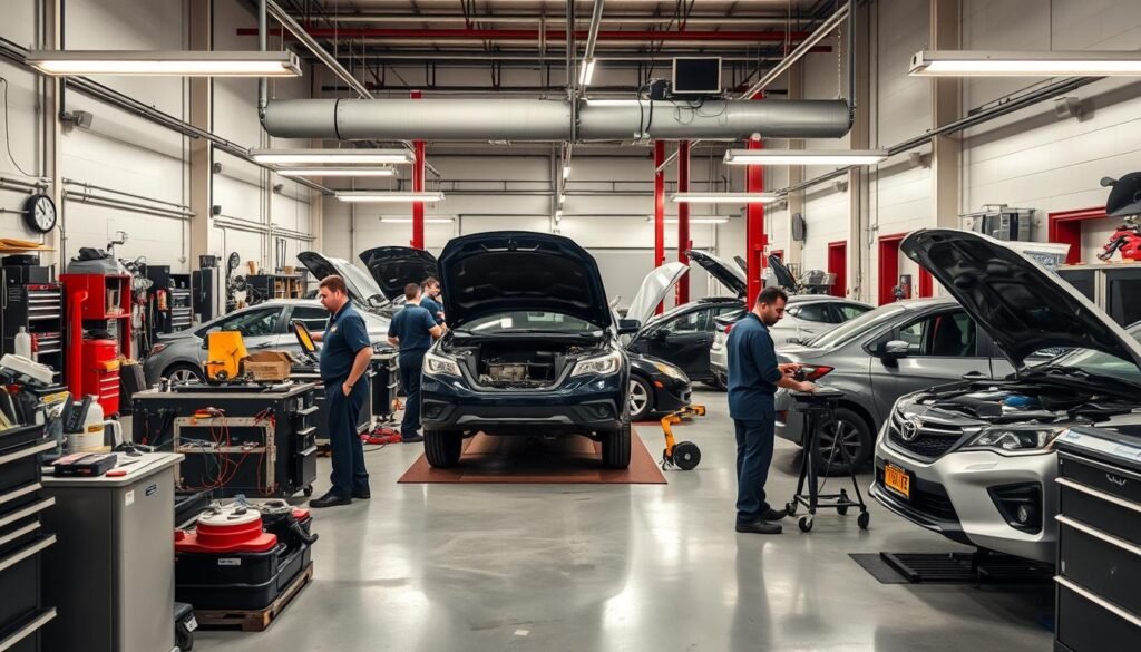 Image of a well-organized auto body shop with technicians working on various vehicles